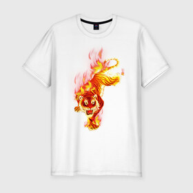Мужская футболка премиум с принтом Тигр в огне в Кировске, 92% хлопок, 8% лайкра | приталенный силуэт, круглый вырез ворота, длина до линии бедра, короткий рукав | животные | огонь | пламя | тигр в огне | тирг | хищники