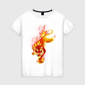 Женская футболка хлопок с принтом Тигр в огне в Кировске, 100% хлопок | прямой крой, круглый вырез горловины, длина до линии бедер, слегка спущенное плечо | животные | огонь | пламя | тигр в огне | тирг | хищники
