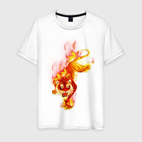 Мужская футболка хлопок с принтом Тигр в огне в Кировске, 100% хлопок | прямой крой, круглый вырез горловины, длина до линии бедер, слегка спущенное плечо. | животные | огонь | пламя | тигр в огне | тирг | хищники