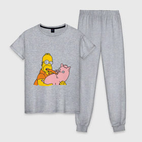 Женская пижама хлопок с принтом Гомер и свинья в Кировске, 100% хлопок | брюки и футболка прямого кроя, без карманов, на брюках мягкая резинка на поясе и по низу штанин | гомер