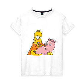Женская футболка хлопок с принтом Гомер и свинья в Кировске, 100% хлопок | прямой крой, круглый вырез горловины, длина до линии бедер, слегка спущенное плечо | гомер