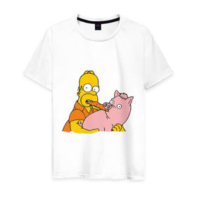 Мужская футболка хлопок с принтом Гомер и свинья в Кировске, 100% хлопок | прямой крой, круглый вырез горловины, длина до линии бедер, слегка спущенное плечо. | гомер
