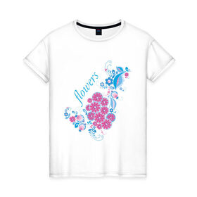 Женская футболка хлопок с принтом Flowers в Кировске, 100% хлопок | прямой крой, круглый вырез горловины, длина до линии бедер, слегка спущенное плечо | 