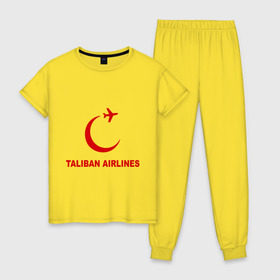 Женская пижама хлопок с принтом Taliban airlines (2) в Кировске, 100% хлопок | брюки и футболка прямого кроя, без карманов, на брюках мягкая резинка на поясе и по низу штанин | airlines | taliban | авиалинии | полет | рейс | самолет | талибы