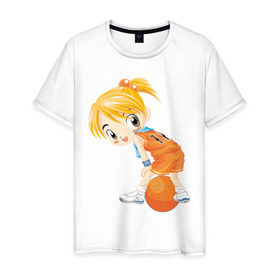 Мужская футболка хлопок с принтом Баскетболистка в Кировске, 100% хлопок | прямой крой, круглый вырез горловины, длина до линии бедер, слегка спущенное плечо. | баскетбольный мяч | девочка баскетболистка