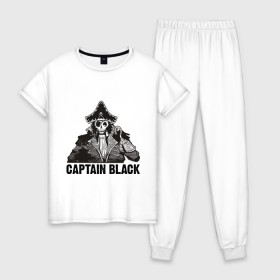 Женская пижама хлопок с принтом Captain Black в Кировске, 100% хлопок | брюки и футболка прямого кроя, без карманов, на брюках мягкая резинка на поясе и по низу штанин | пират | скелет