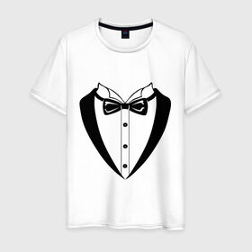 Мужская футболка хлопок с принтом Смокинг с бабочкой в Кировске, 100% хлопок | прямой крой, круглый вырез горловины, длина до линии бедер, слегка спущенное плечо. | Тематика изображения на принте: костюм | строгая