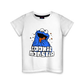 Детская футболка хлопок с принтом Cookie monster ест печеньку в Кировске, 100% хлопок | круглый вырез горловины, полуприлегающий силуэт, длина до линии бедер | cookie monster | куки монстр | улица сезам