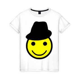 Женская футболка хлопок с принтом Smile in a hat в Кировске, 100% хлопок | прямой крой, круглый вырез горловины, длина до линии бедер, слегка спущенное плечо | 