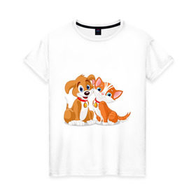 Женская футболка хлопок с принтом Щенок и котёнок в Кировске, 100% хлопок | прямой крой, круглый вырез горловины, длина до линии бедер, слегка спущенное плечо | кот | котенок | котик | пес | щенок