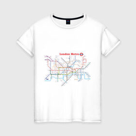 Женская футболка хлопок с принтом London metro в Кировске, 100% хлопок | прямой крой, круглый вырез горловины, длина до линии бедер, слегка спущенное плечо | london | london metro | metro | карта метро | карта метро лондона | лондон метро | лондонский метрополитен | лондонское метро | метро | метро в лондоне | метро лондона | метрополитен лондона