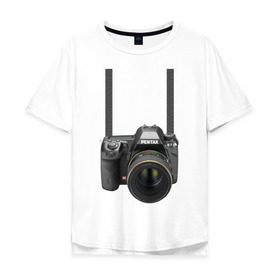 Мужская футболка хлопок Oversize с принтом Фотоаппарат на шее в Кировске, 100% хлопок | свободный крой, круглый ворот, “спинка” длиннее передней части | прикольные | рисунок | турист | фотоаппарат