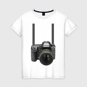 Женская футболка хлопок с принтом Фотоаппарат на шее в Кировске, 100% хлопок | прямой крой, круглый вырез горловины, длина до линии бедер, слегка спущенное плечо | прикольные | рисунок | турист | фотоаппарат