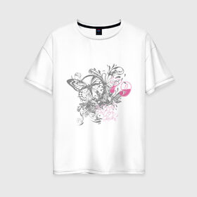 Женская футболка хлопок Oversize с принтом Бабочка и цветы в Кировске, 100% хлопок | свободный крой, круглый ворот, спущенный рукав, длина до линии бедер
 | бабочка
