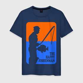 Мужская футболка хлопок с принтом Счастливый рыбак в Кировске, 100% хлопок | прямой крой, круглый вырез горловины, длина до линии бедер, слегка спущенное плечо. | fishenman | happy | рыба | рыбалка | счастье