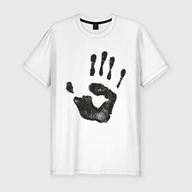 Мужская футболка премиум с принтом Отпечаток руки в Кировске, 92% хлопок, 8% лайкра | приталенный силуэт, круглый вырез ворота, длина до линии бедра, короткий рукав | ладонь | отпечаток | отпечаток руки | рука | след от руки