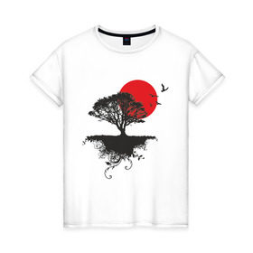 Женская футболка хлопок с принтом Солнце востока в Кировске, 100% хлопок | прямой крой, круглый вырез горловины, длина до линии бедер, слегка спущенное плечо | восток | восходящее солнце | дальний восток | дерево | солнце | тень | япония