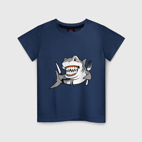 Детская футболка хлопок с принтом Акула решила пообедать в Кировске, 100% хлопок | круглый вырез горловины, полуприлегающий силуэт, длина до линии бедер | акула | животные | обед | хищник