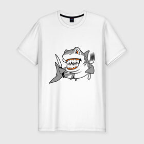 Мужская футболка премиум с принтом Акула решила пообедать в Кировске, 92% хлопок, 8% лайкра | приталенный силуэт, круглый вырез ворота, длина до линии бедра, короткий рукав | акула | животные | обед | хищник