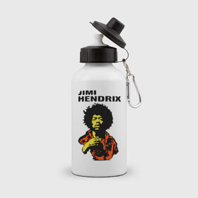 Бутылка спортивная с принтом Jimi Hendrix in a red t-shirt в Кировске, металл | емкость — 500 мл, в комплекте две пластиковые крышки и карабин для крепления | jimi hendrix in a red | rock | джими хендрикс | рок