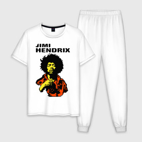 Мужская пижама хлопок с принтом Jimi Hendrix in a red t-shirt в Кировске, 100% хлопок | брюки и футболка прямого кроя, без карманов, на брюках мягкая резинка на поясе и по низу штанин
 | jimi hendrix in a red | rock | джими хендрикс | рок