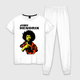 Женская пижама хлопок с принтом Jimi Hendrix in a red t-shirt в Кировске, 100% хлопок | брюки и футболка прямого кроя, без карманов, на брюках мягкая резинка на поясе и по низу штанин | jimi hendrix in a red | rock | джими хендрикс | рок
