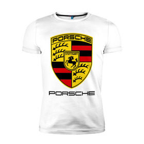 Мужская футболка премиум с принтом Porsche (2) в Кировске, 92% хлопок, 8% лайкра | приталенный силуэт, круглый вырез ворота, длина до линии бедра, короткий рукав | porsche | авто2012 | логотип порше | порш | порше | поршель | символ порше