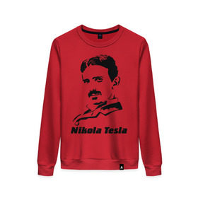 Женский свитшот хлопок с принтом Nikola Tesla в Кировске, 100% хлопок | прямой крой, круглый вырез, на манжетах и по низу широкая трикотажная резинка  | nikola tesla | знаменитая личность | знаменитость | никола тесла | портрет | тесла | ученый | физик
