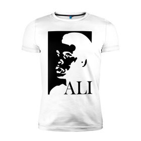 Мужская футболка премиум с принтом Мухамед Али в Кировске, 92% хлопок, 8% лайкра | приталенный силуэт, круглый вырез ворота, длина до линии бедра, короткий рукав | Тематика изображения на принте: мухаммад | мухаммед