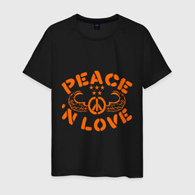 Мужская футболка хлопок с принтом Peace n Love в Кировске, 100% хлопок | прямой крой, круглый вырез горловины, длина до линии бедер, слегка спущенное плечо. | хиппи