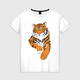 Женская футболка хлопок с принтом Тигр (7) в Кировске, 100% хлопок | прямой крой, круглый вырез горловины, длина до линии бедер, слегка спущенное плечо | животные | кошачьи | тигр | хищник