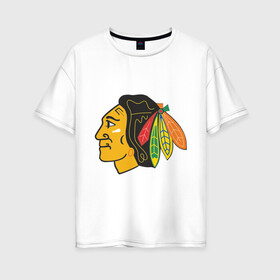 Женская футболка хлопок Oversize с принтом Chicago Blackhawks в Кировске, 100% хлопок | свободный крой, круглый ворот, спущенный рукав, длина до линии бедер
 | blackhawks | chicago | chicago blackhawks | hockey | nhl | нхл | хоккей | хоккейная лига | хоккейная лига чикаго | чикаго блэкхоукс | чикаго хоккей