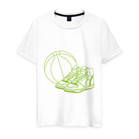Мужская футболка хлопок с принтом Баскетбол (мяч и кеды) в Кировске, 100% хлопок | прямой крой, круглый вырез горловины, длина до линии бедер, слегка спущенное плечо. | баскетбольный мяч | кеды