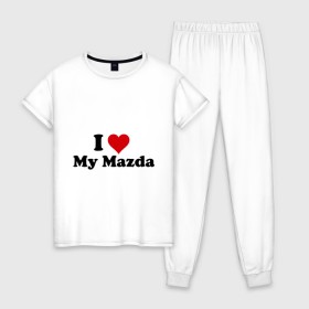 Женская пижама хлопок с принтом I love my Mazda (2) в Кировске, 100% хлопок | брюки и футболка прямого кроя, без карманов, на брюках мягкая резинка на поясе и по низу штанин | i love | i love my mazda | mazda | авто | мазда | машины | я люблю | японские