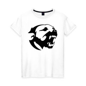 Женская футболка хлопок с принтом Питбуль в Кировске, 100% хлопок | прямой крой, круглый вырез горловины, длина до линии бедер, слегка спущенное плечо | злая собака | питбуль