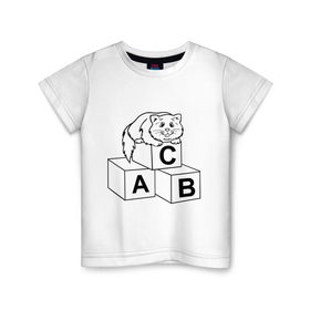 Детская футболка хлопок с принтом Кот на кубиках в Кировске, 100% хлопок | круглый вырез горловины, полуприлегающий силуэт, длина до линии бедер | алфавит | киса | кот | котик | кубики