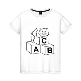 Женская футболка хлопок с принтом Кот на кубиках в Кировске, 100% хлопок | прямой крой, круглый вырез горловины, длина до линии бедер, слегка спущенное плечо | алфавит | киса | кот | котик | кубики