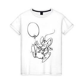 Женская футболка хлопок с принтом Мышка с шариком в Кировске, 100% хлопок | прямой крой, круглый вырез горловины, длина до линии бедер, слегка спущенное плечо | воздушный | мышенок | мышка | мышонок | мышь | шар | шарик