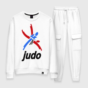 Женский костюм хлопок с принтом Дзюдо - Judo эмблема в Кировске, 100% хлопок | на свитшоте круглая горловина, мягкая резинка по низу. Брюки заужены к низу, на них два вида карманов: два 
