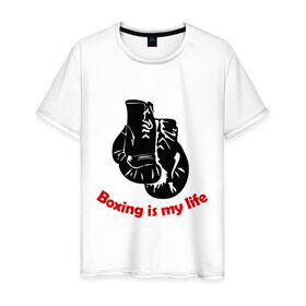 Мужская футболка хлопок с принтом BOXING is my life в Кировске, 100% хлопок | прямой крой, круглый вырез горловины, длина до линии бедер, слегка спущенное плечо. | емельяненко