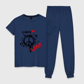 Женская пижама хлопок с принтом Peace Make love not war в Кировске, 100% хлопок | брюки и футболка прямого кроя, без карманов, на брюках мягкая резинка на поясе и по низу штанин | хиппи