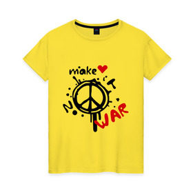 Женская футболка хлопок с принтом Peace. Make love not war в Кировске, 100% хлопок | прямой крой, круглый вырез горловины, длина до линии бедер, слегка спущенное плечо | хиппи