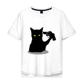 Мужская футболка хлопок Oversize с принтом Black Cat Shooter в Кировске, 100% хлопок | свободный крой, круглый ворот, “спинка” длиннее передней части | Тематика изображения на принте: кот | кошка | кошка с пистолетом | кошки | пистолет | револьвер | черная кошка