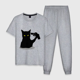 Мужская пижама хлопок с принтом Black Cat Shooter в Кировске, 100% хлопок | брюки и футболка прямого кроя, без карманов, на брюках мягкая резинка на поясе и по низу штанин
 | кот | кошка | кошка с пистолетом | кошки | пистолет | револьвер | черная кошка
