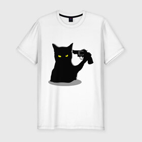 Мужская футболка премиум с принтом Black Cat Shooter в Кировске, 92% хлопок, 8% лайкра | приталенный силуэт, круглый вырез ворота, длина до линии бедра, короткий рукав | кот | кошка | кошка с пистолетом | кошки | пистолет | револьвер | черная кошка