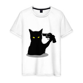 Мужская футболка хлопок с принтом Black Cat Shooter в Кировске, 100% хлопок | прямой крой, круглый вырез горловины, длина до линии бедер, слегка спущенное плечо. | кот | кошка | кошка с пистолетом | кошки | пистолет | револьвер | черная кошка