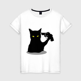 Женская футболка хлопок с принтом Black Cat Shooter в Кировске, 100% хлопок | прямой крой, круглый вырез горловины, длина до линии бедер, слегка спущенное плечо | кот | кошка | кошка с пистолетом | кошки | пистолет | револьвер | черная кошка