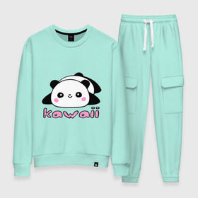 Женский костюм хлопок с принтом Kawaii Panda (Кавай Панда) в Кировске, 100% хлопок | на свитшоте круглая горловина, мягкая резинка по низу. Брюки заужены к низу, на них два вида карманов: два 