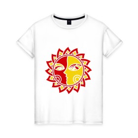 Женская футболка хлопок с принтом Солнце - узор в Кировске, 100% хлопок | прямой крой, круглый вырез горловины, длина до линии бедер, слегка спущенное плечо | sun | лицо | рисунок | солнце | солнышко | узор