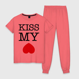 Женская пижама хлопок с принтом Kiss my ace в Кировске, 100% хлопок | брюки и футболка прямого кроя, без карманов, на брюках мягкая резинка на поясе и по низу штанин | поцелуй | сердце | целовать